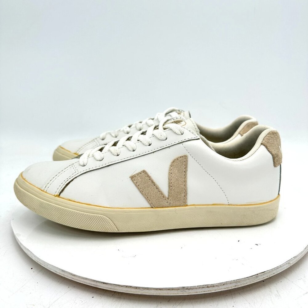 VEJA Esplar Women Size 7 White Leather Tan V Logo Lace Up Sneakers